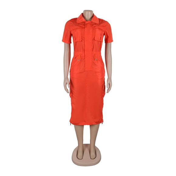 Rust Orange Multi-Pocket Cargo Drawstring Dress – Bold & Functional - Picture 4 of 16